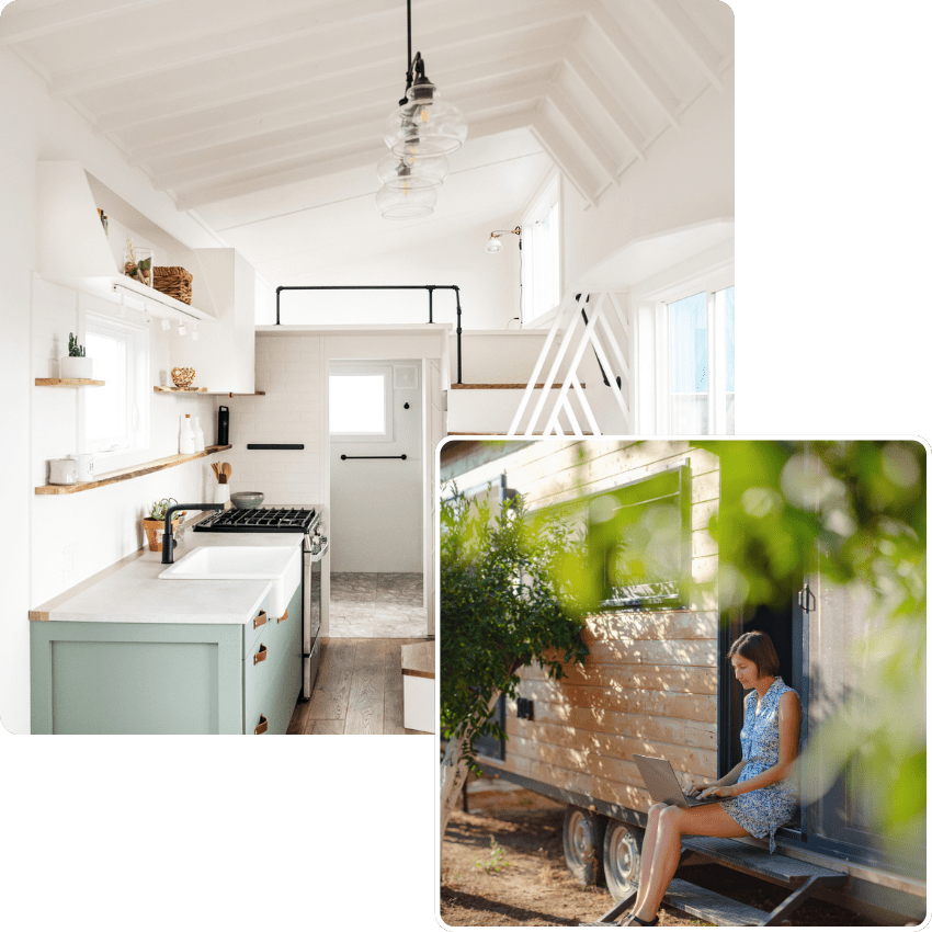Woman workin on laptop in her tiny home